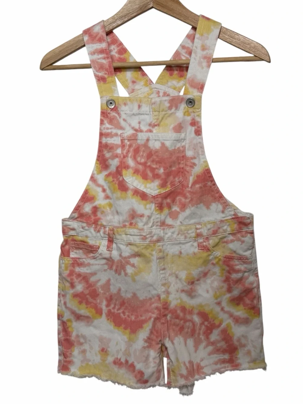 Childrens Place Tie Dye Shortalls Girls Sz 12 Coral Yellow Pockets Boho Casual